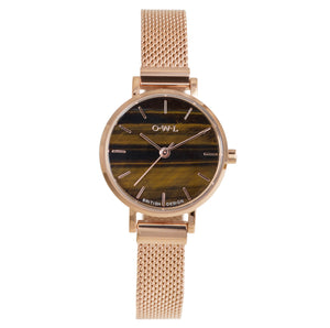 Amesbury Rose gold mesh watch with genuine Tiger eye - OWL watches