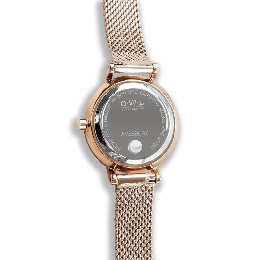 AMESBURY LADIES WATCH WITH PICASSO JASPER NATURAL STONE DIAL, ROSE GOLD CASE & BLACK LEATHER STRAP