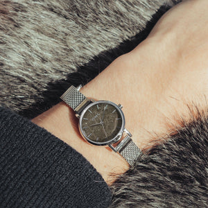 Amesbury Silver mesh watch with a Grey Marble Dial - OWL watches