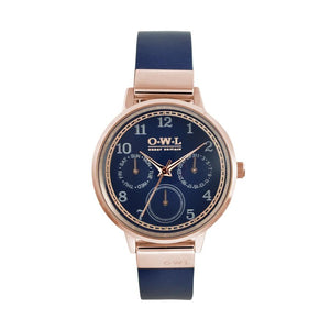 HELMSLEY ROSE GOLD CASE WITH BLUE DIAL & LEATHER STRAP - OWL watches