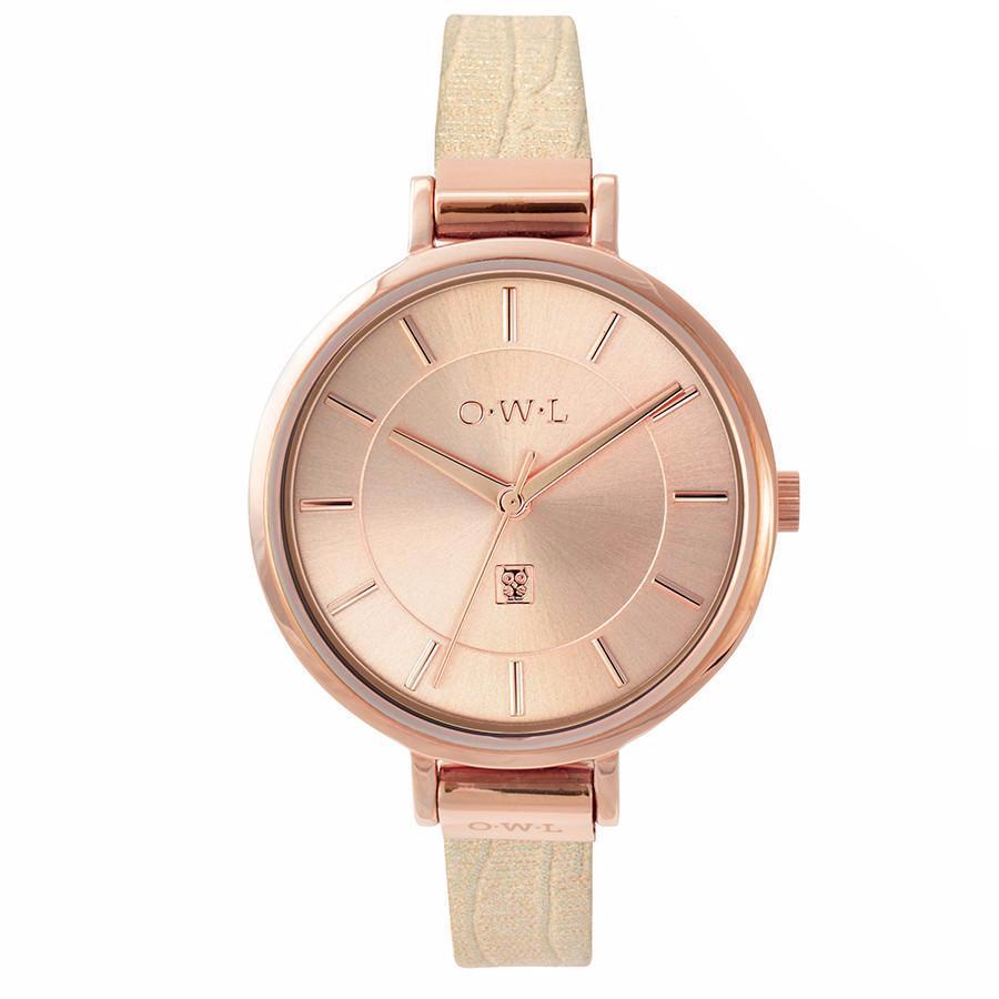 MAYFAIR METALLIC ROSE GOLD LEATHER WATCH - OWL watches