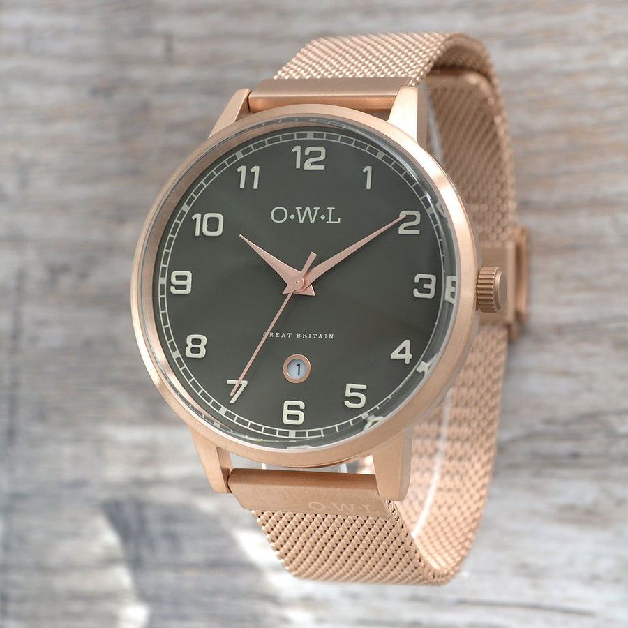BRANCASTER ROSE GOLD & STONE GREY DIAL, ROSE GOLD MESH WATCH - OWL watches