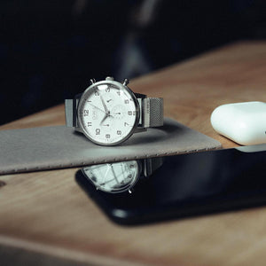 KINGSBRIDGE STEEL CASE, WHITE DIAL & STEEL MESH STRAP WATCH - OWL watches